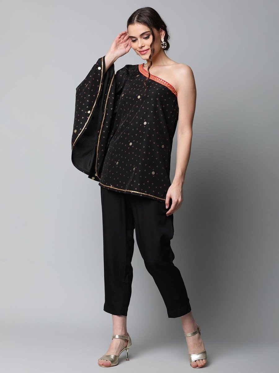 Ahalyaa Women Black Crepe Printed Top with Trouser Set | Swadesiicart