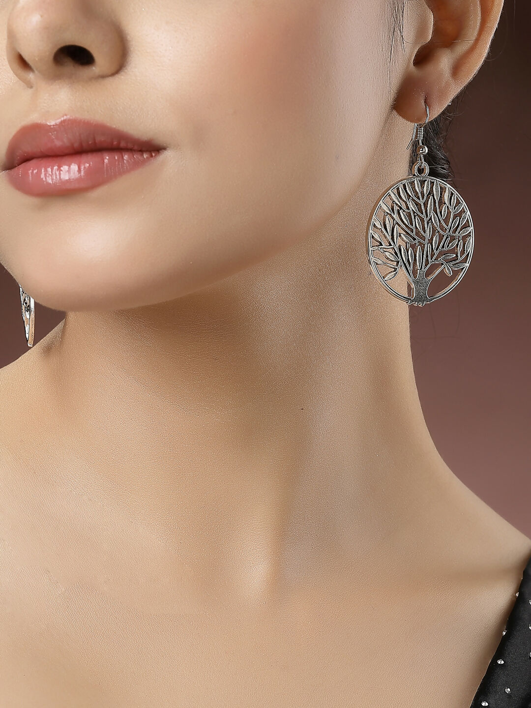 NVR Women's Silver-Toned Circular Shape German Silver Oxidised Drop Earrings - Swadesiicart