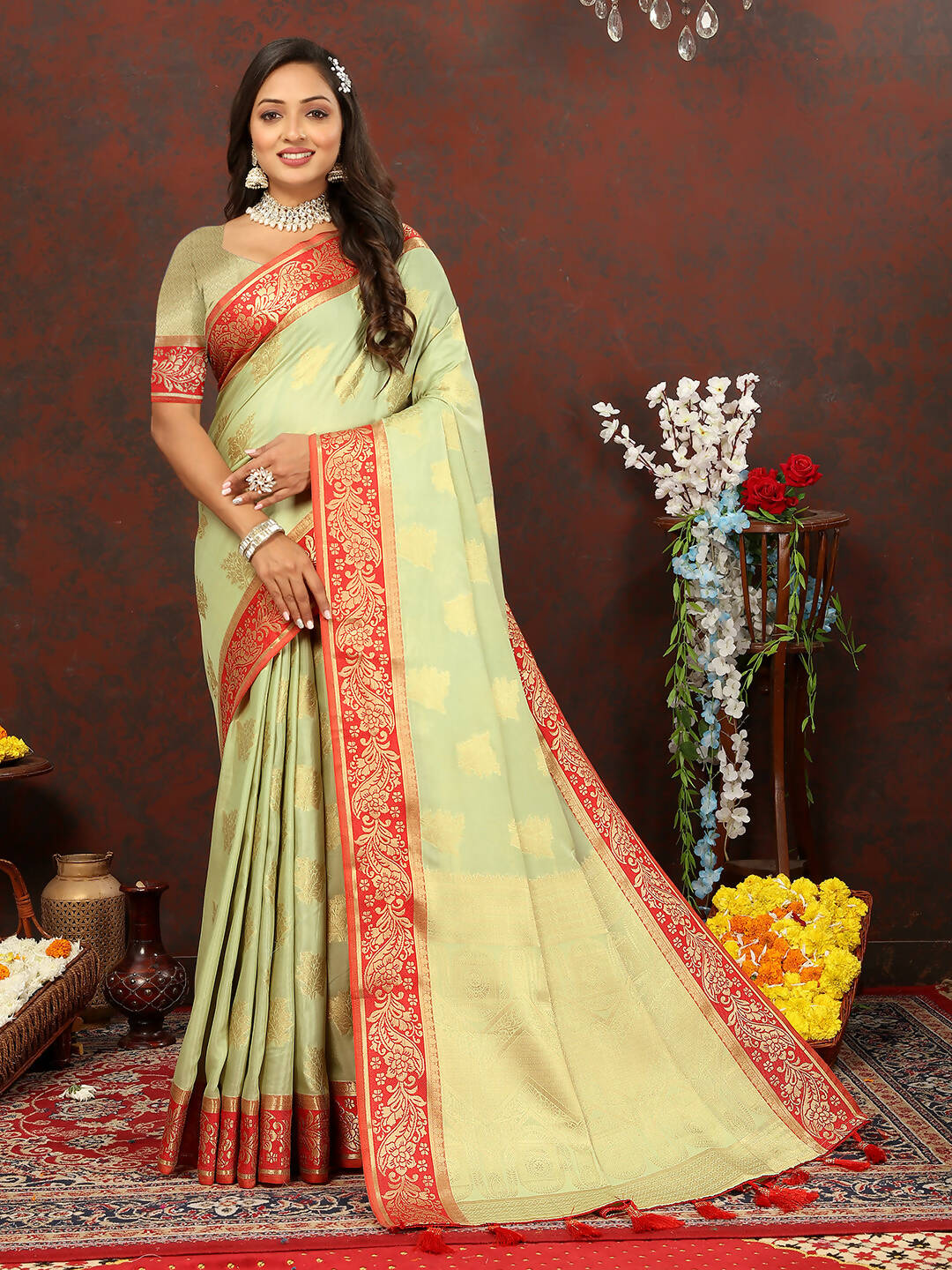 Lorenvalley Fashion Seagreen Cotton Woven Design with Zari Weaving Design Saree - Swadesiicart