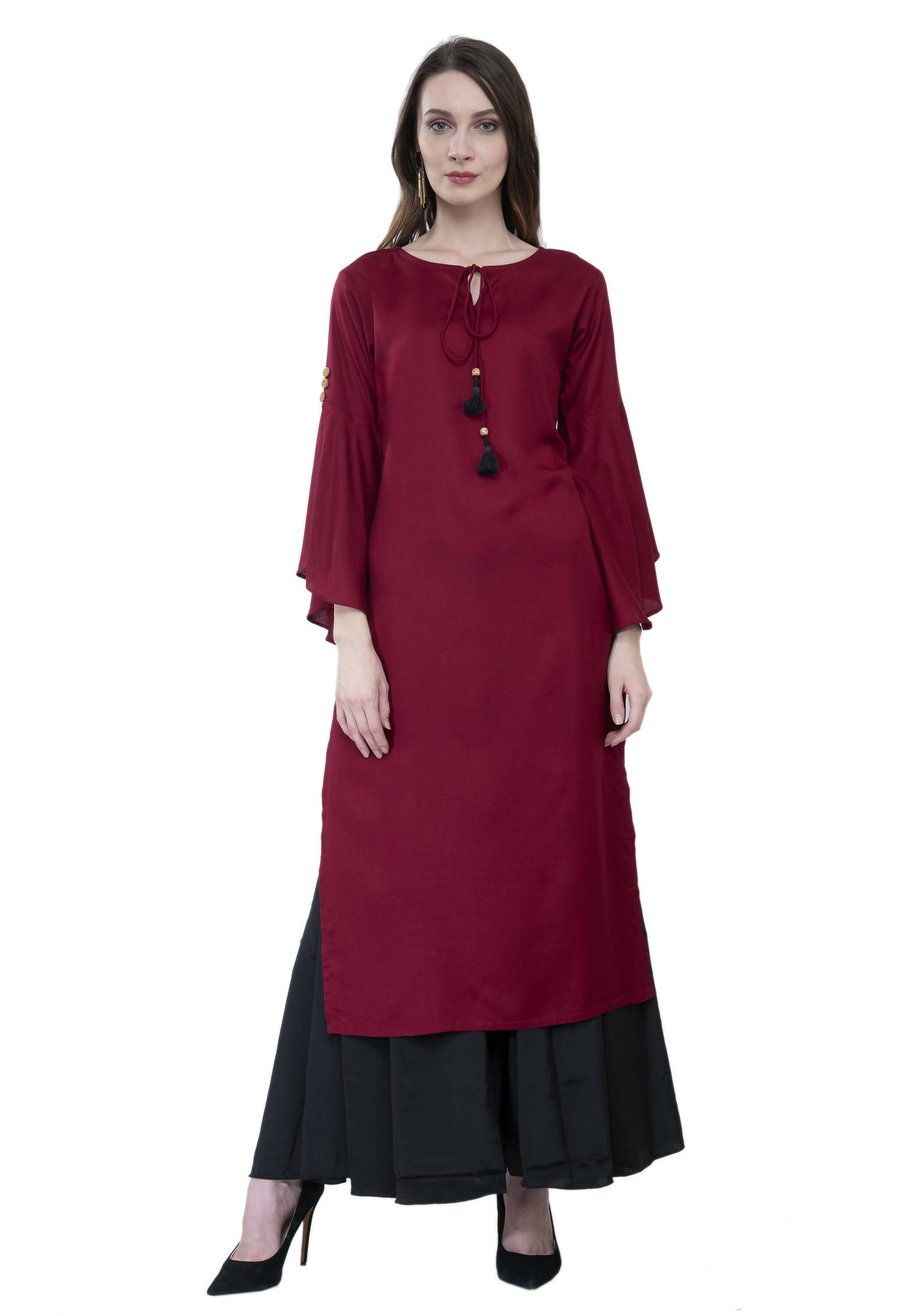 Women's Maroon Round Neck Kurti With Front Neck Opening And Dori - G & A Apparels | Swadesiicart