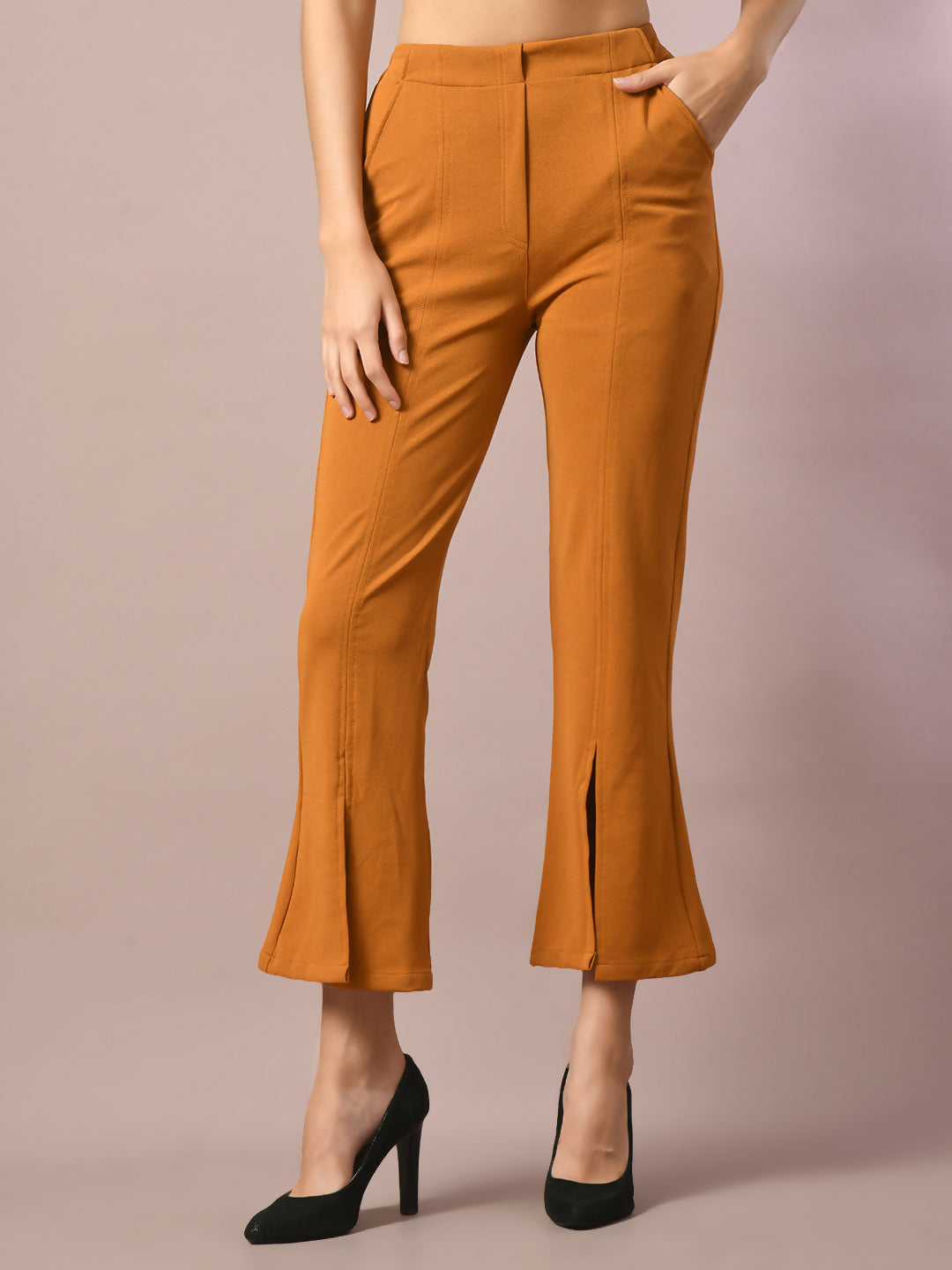 Myshka Women's Mustard Solid Boat Neck Party Top With Trousers Co-ord set - Swadesiicart