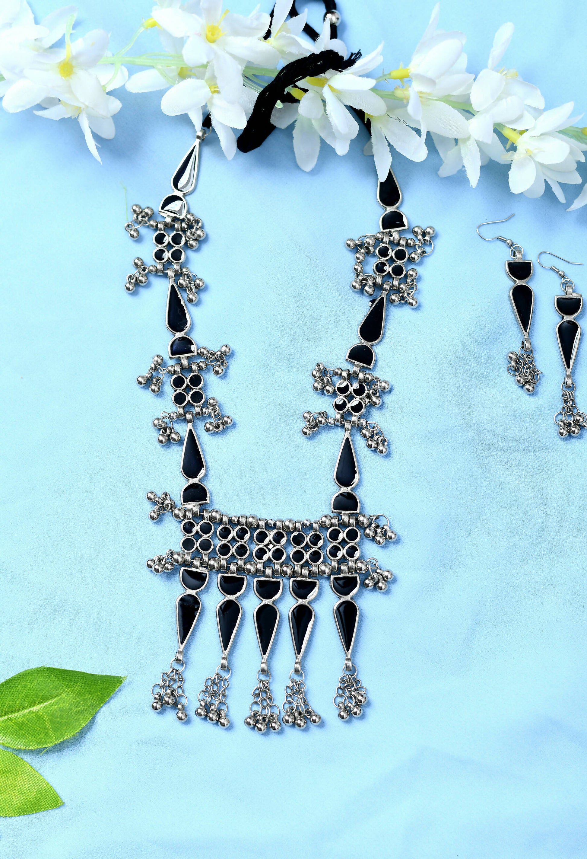 Mominos Fashion Johar Kamal Oxidised Silver-Plated Meenakari Long Necklace Set - Mominos Fashion