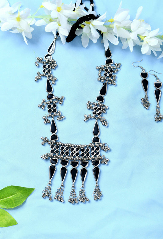 Mominos Fashion Johar Kamal Oxidised Silver-Plated Meenakari Long Necklace Set - Mominos Fashion