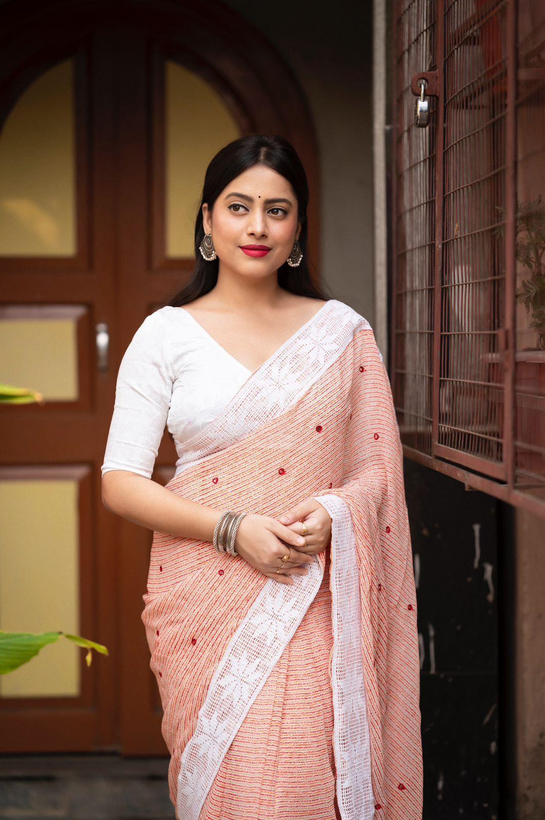 Peach Poly Georgette Ethnic Motifs Saree with Unstitched Blouse - Hiral Fashion | Swadesiicart