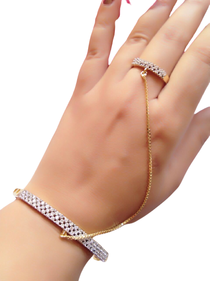 Gold-Polished Alloy American Diamond Hand Harness Bracelet - The Pari - Swadesiicart