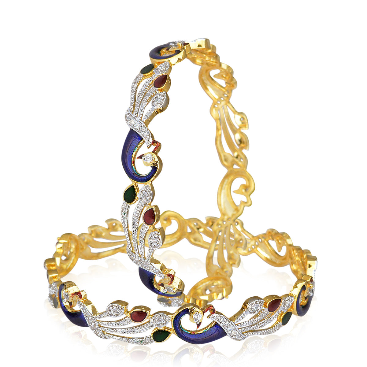 Gold-Polished Alloy Enamel Coated Ad Peacock Bangle Set - The Pari - The Pari - Dinesh Associates
