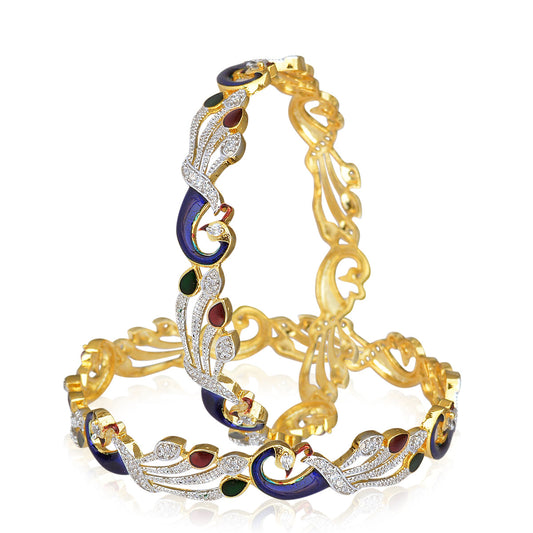 Gold-Polished Alloy Enamel Coated Ad Peacock Bangle Set - The Pari - The Pari - Dinesh Associates