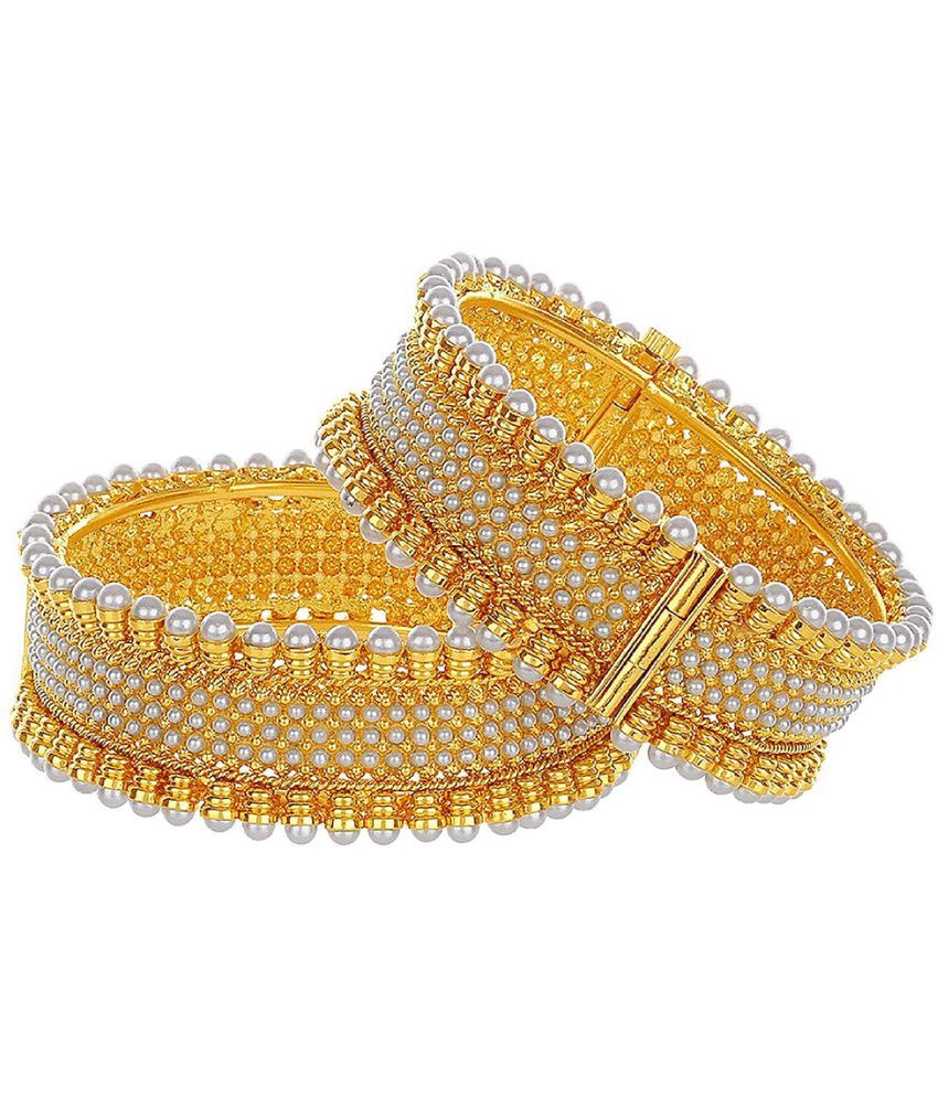 Gold-Polished Alloy Pearl Studded Designer Screw Bangle Set - The Pari - Swadesiicart