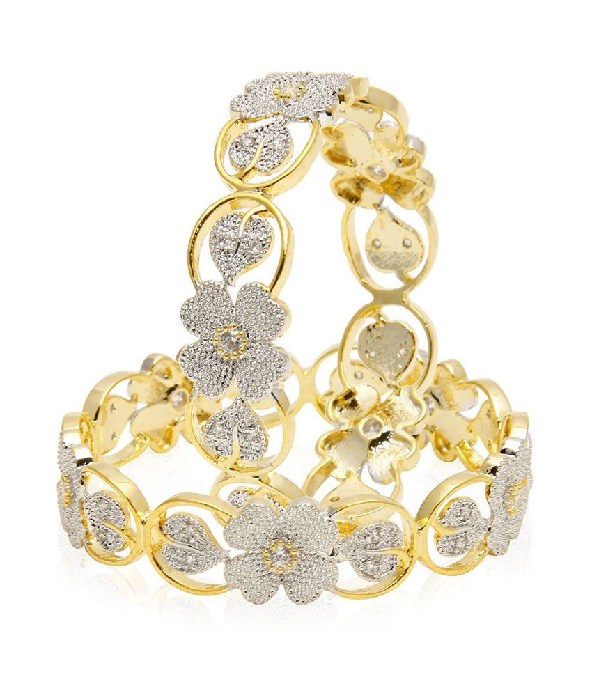 Gold-Polished Alloy Flower Design American Diamond Bangle Set - The Pari - The Pari - Dinesh Associates