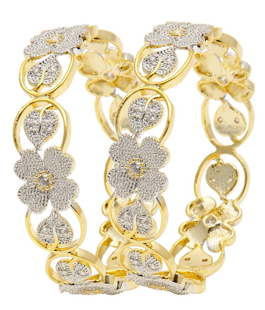 Gold-Polished Alloy Flower Design American Diamond Bangle Set - The Pari - Swadesiicart