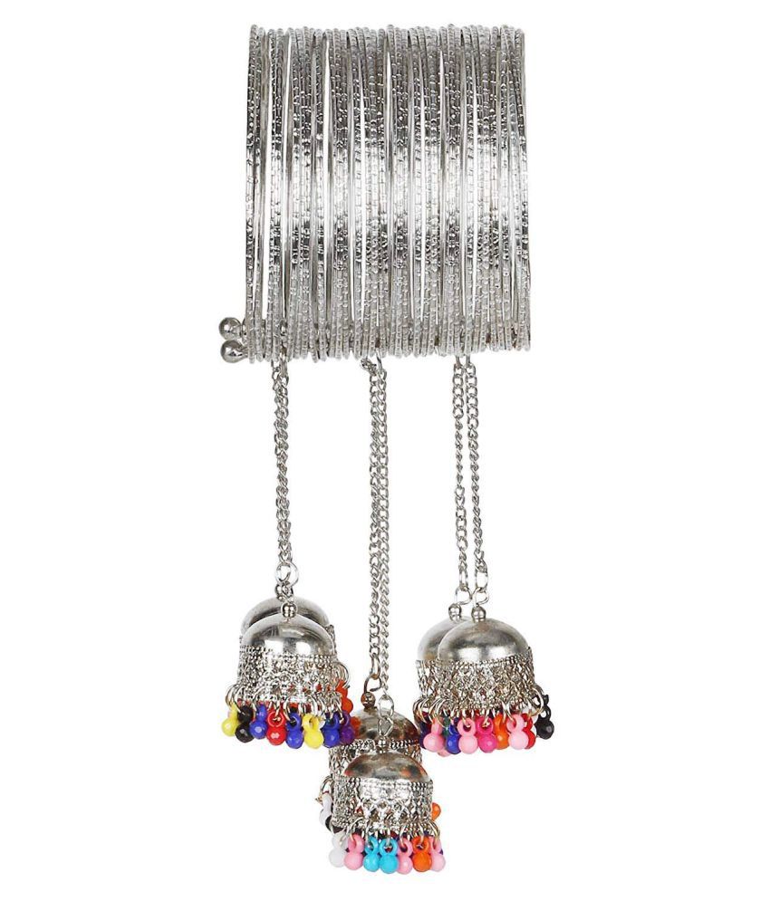 Silver-Plated Alloy Oxidised Bangle With Jhumki Hanging - The Pari - Swadesiicart
