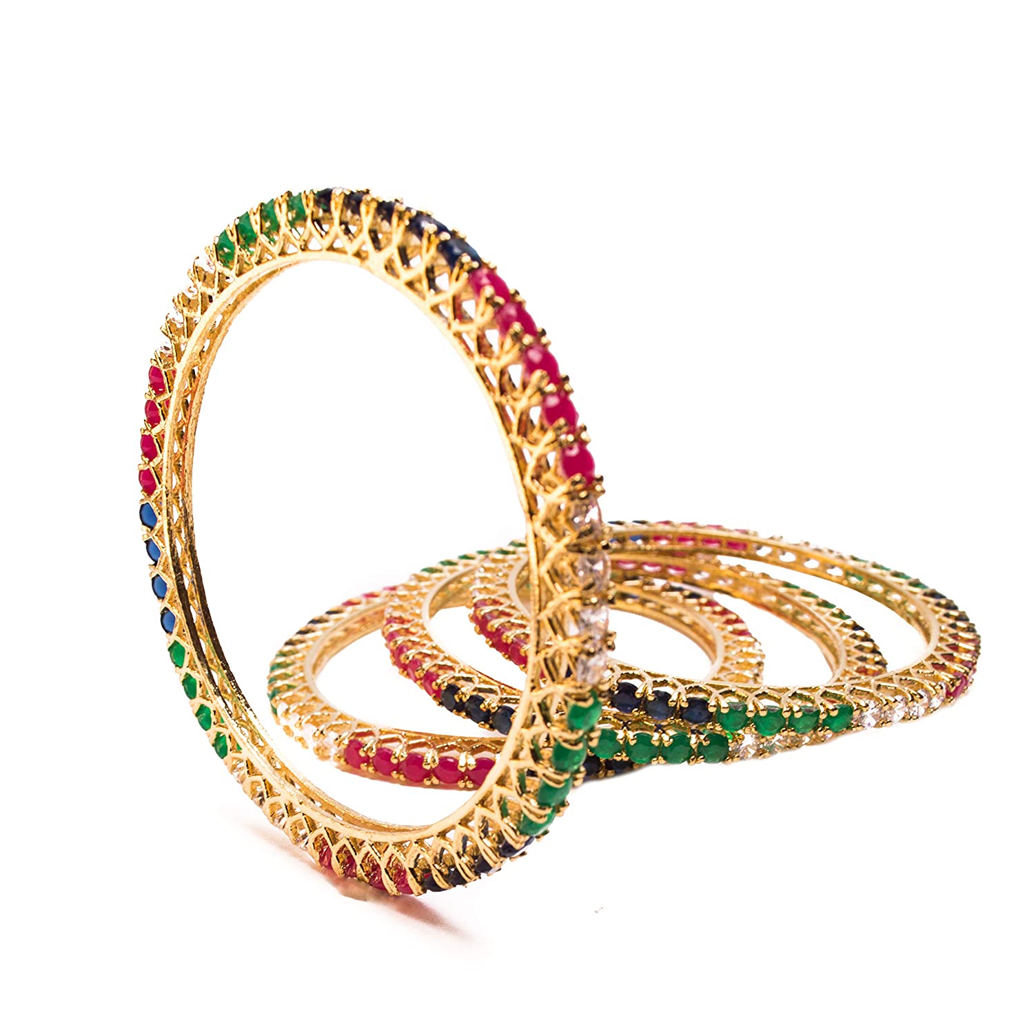Gold-Polished Alloy Multicolour Set Of 4 American Diamond Bangles - The Pari - The Pari - Dinesh Associates