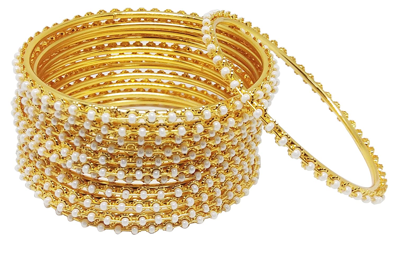 Gold-Polished Alloy Set Of 12 Thin White Bead Bangles - The Pari - The Pari - Dinesh Associates