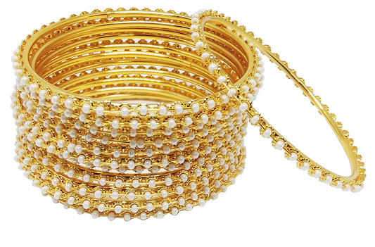 Gold-Polished Alloy Set Of 12 Thin White Bead Bangles - The Pari - The Pari - Dinesh Associates