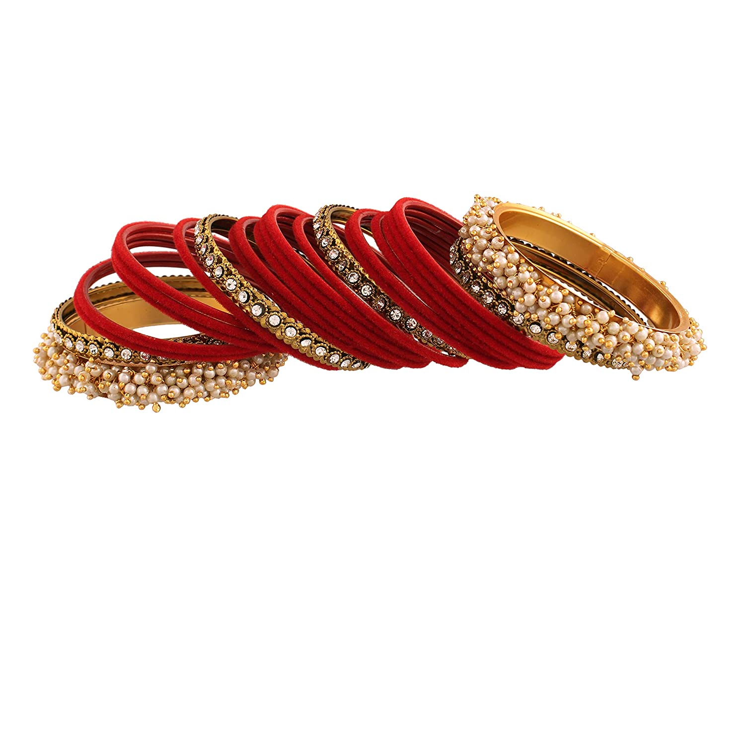Gold-Polished Alloy Red Velvet Bangle Set With Pearl Bangle - The Pari - Swadesiicart