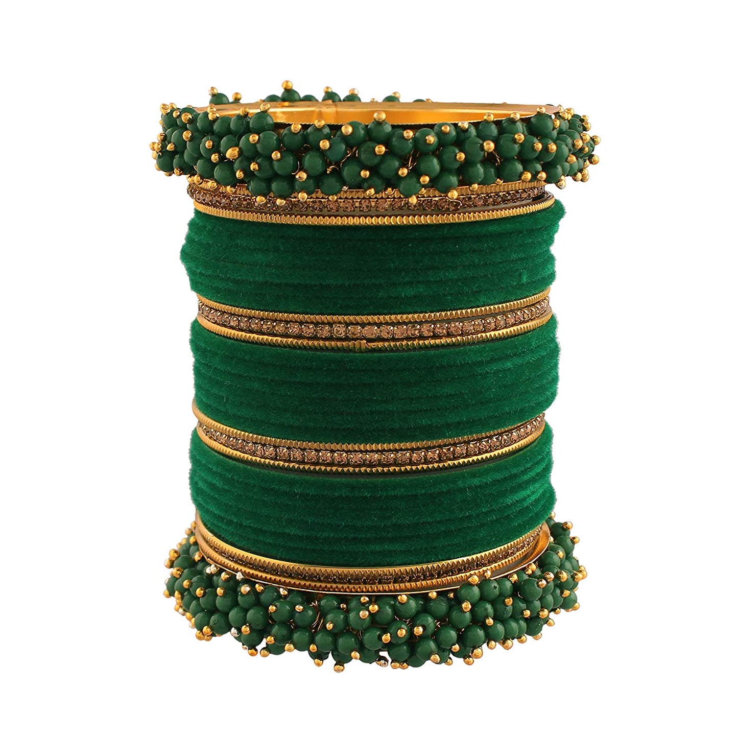 Gold-Polished Alloy Designer Green Velvet Bangle Set - The Pari - The Pari - Dinesh Associates