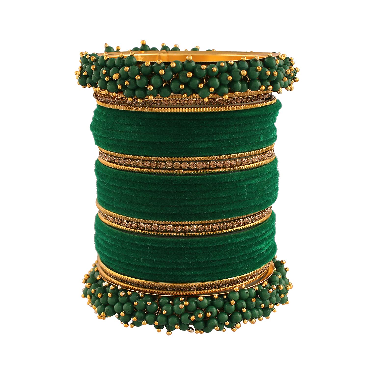 Gold-Polished Alloy Designer Green Velvet Bangle Set - The Pari - The Pari - Dinesh Associates