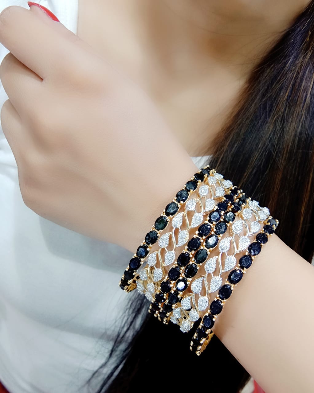 Gold-Polished Alloy American Diamond Combo Of Black & Silver Bangles - The Pari - The Pari - Dinesh Associates