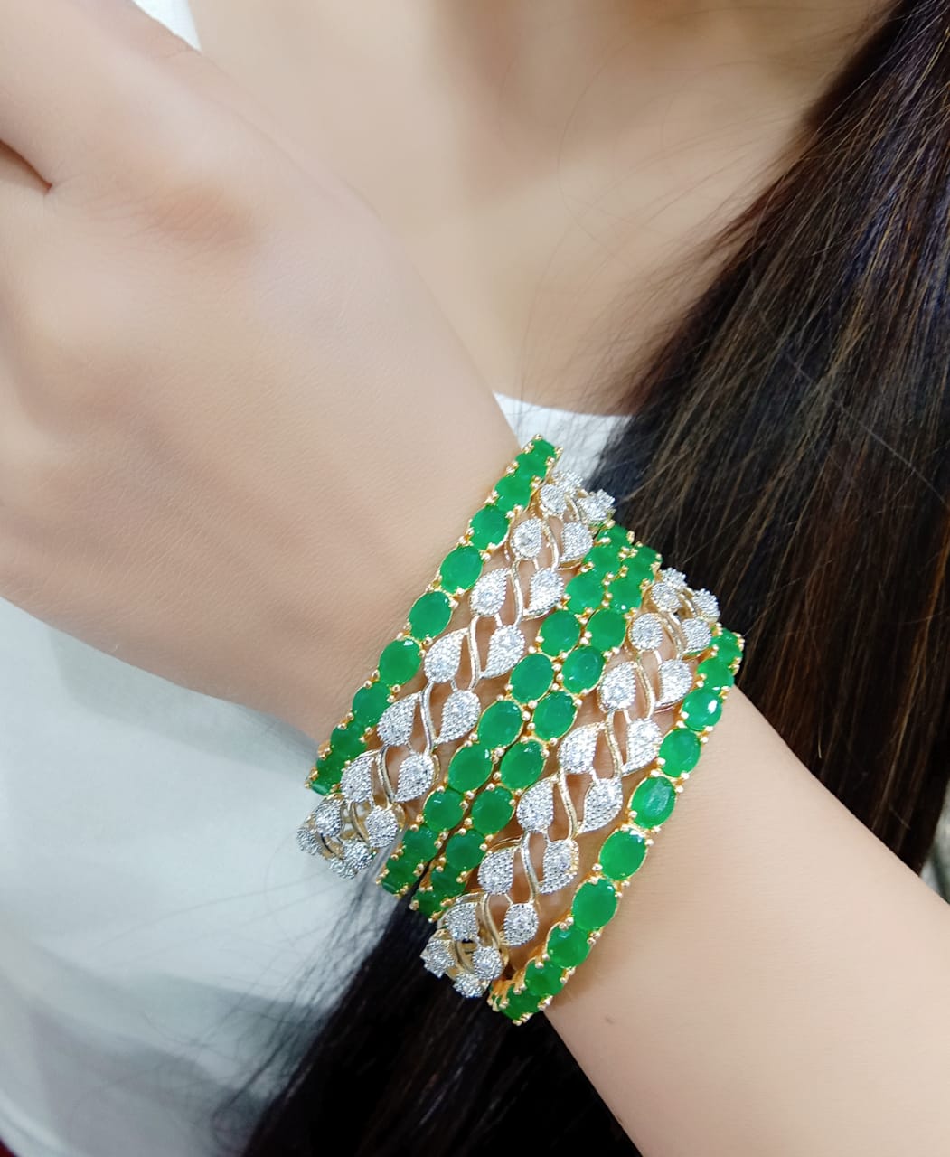 Gold-Polished Alloy American Diamond Combo Of Green & Silver Bangles - The Pari - The Pari - Dinesh Associates
