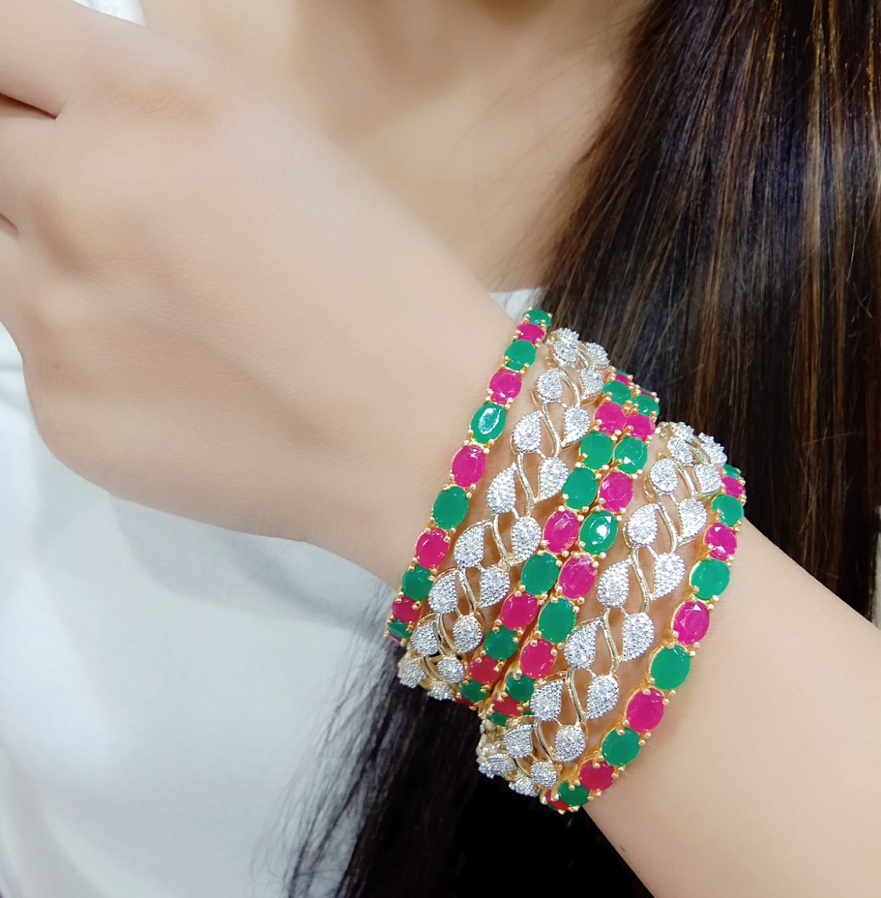 Gold-Polished Alloy American Diamond Combo Of Multi& Silver Bangles - The Pari - The Pari - Dinesh Associates
