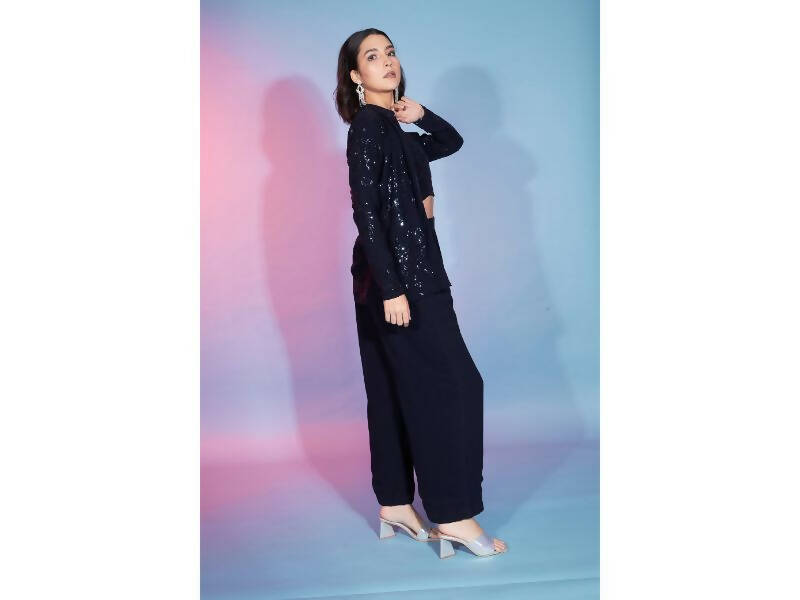 Navy Georgette Sequence With Thread Designer Co-Ord Set - Flory - Swadesiicart