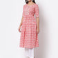 Myshka Women's Pink Printed 3/4 Sleeve Cotton Round Neck Dress