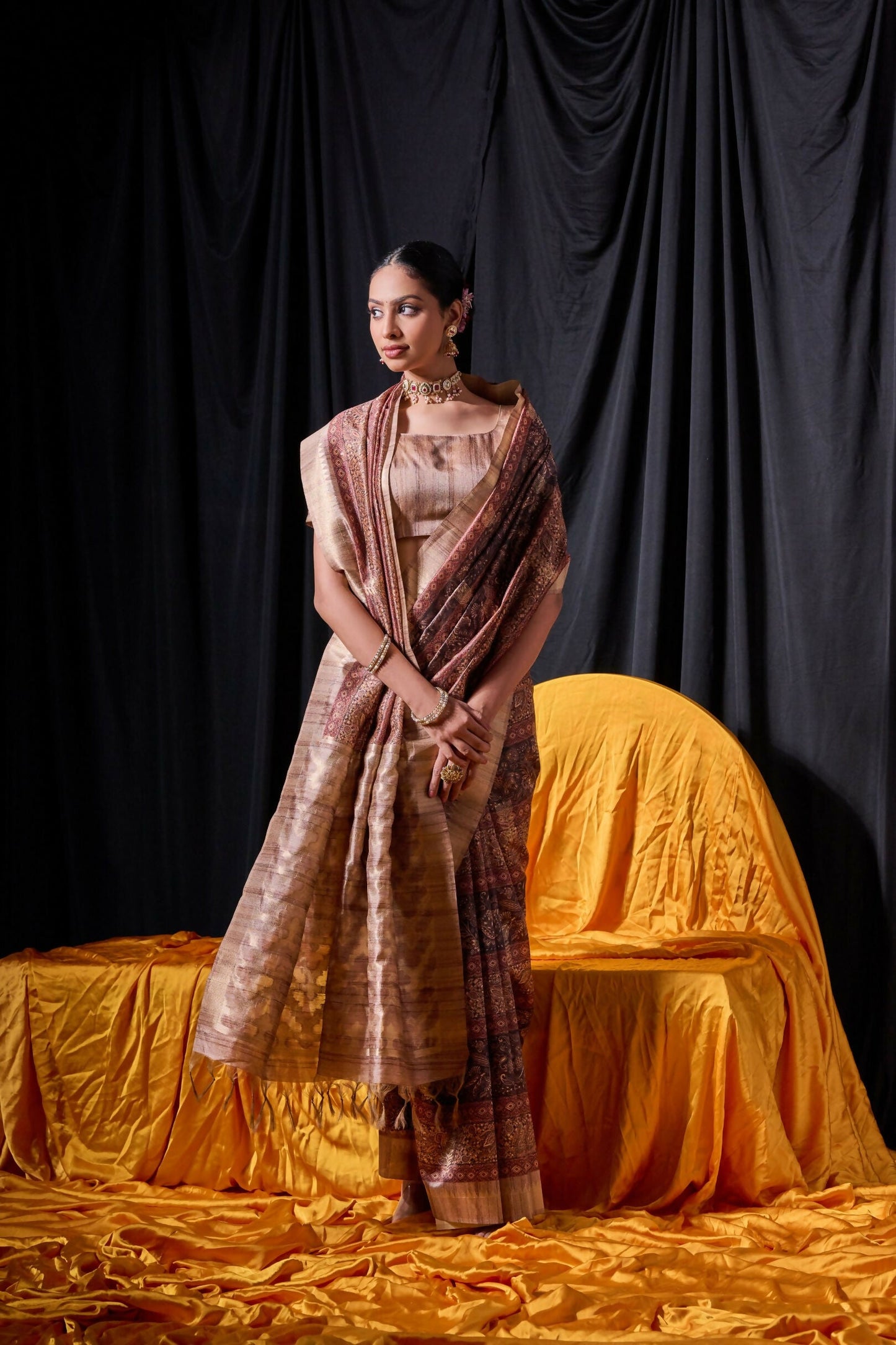 Vishnu Weaves Women's Coffee Tussar Silk Zari Woven Saree with Blouse - Swadesiicart