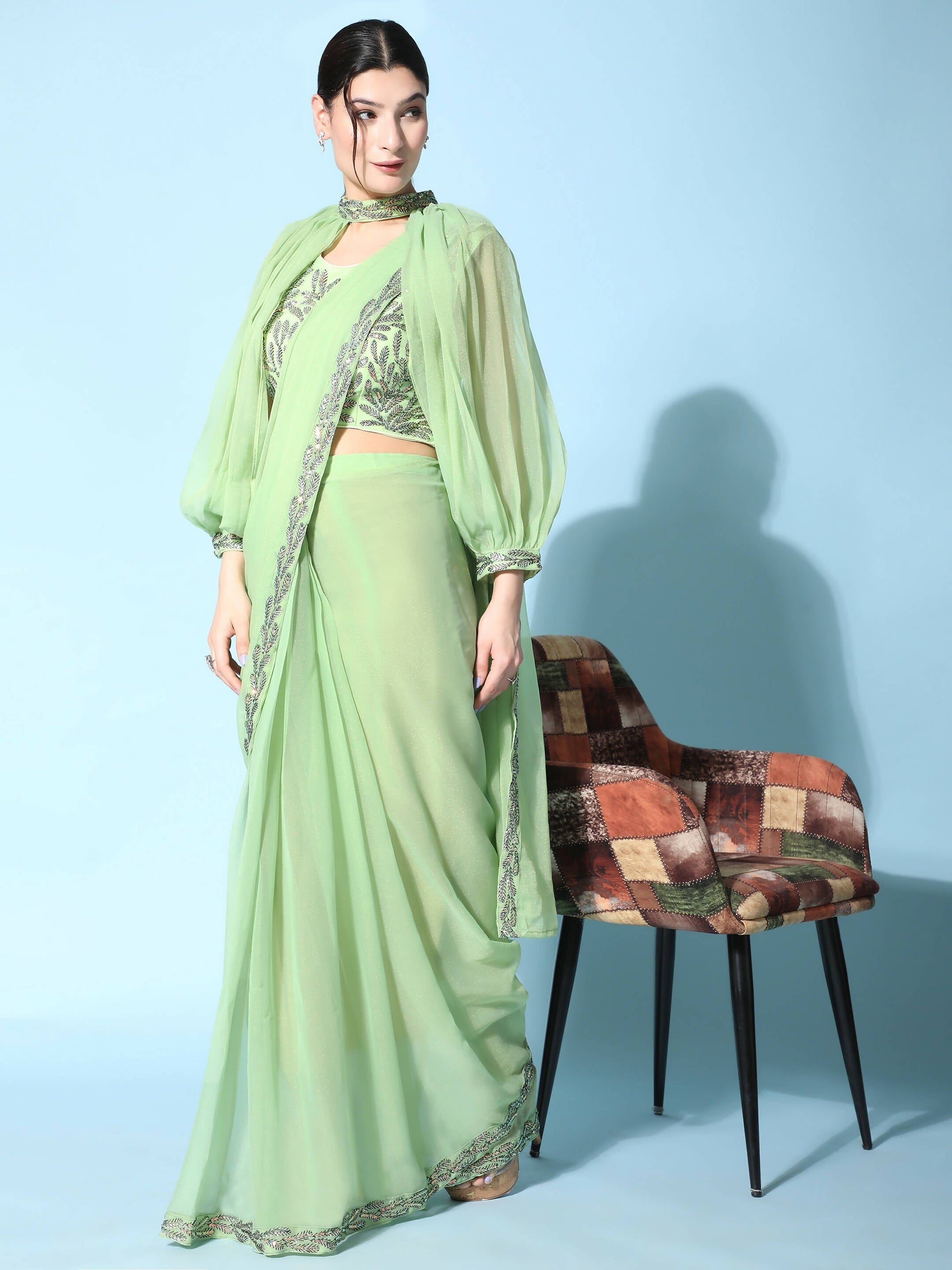Green Fancy Pure Fabric Plain Ready to wear Saree with stitched Blouse - Vrinda | Swadesiicart