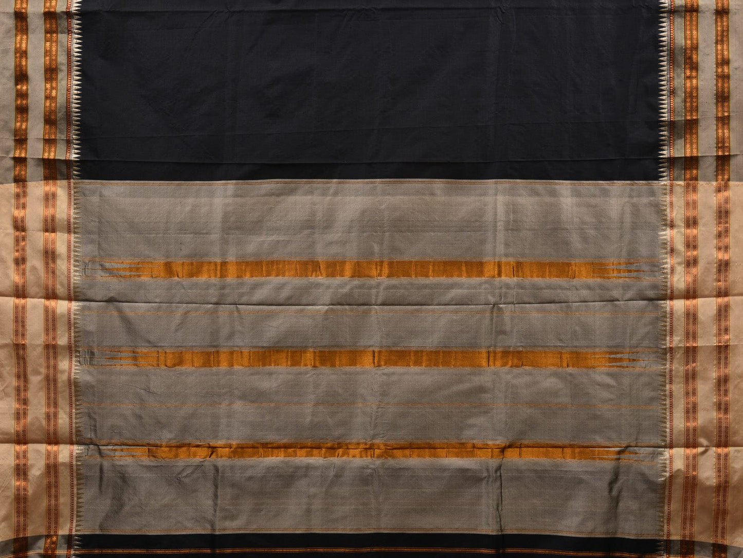 Black and Cream Narayanpet Silk Handloom Plain Saree with Traditional Border Design No Blouse - Global Threads | Swadesiicart
