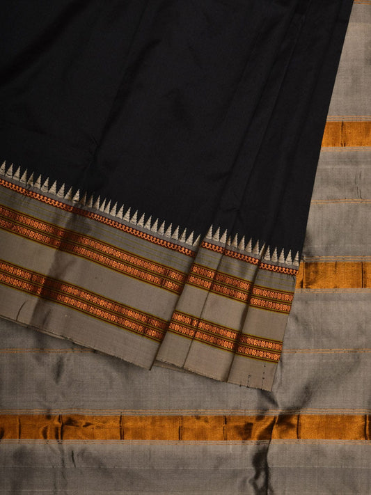 Black and Cream Narayanpet Silk Handloom Plain Saree with Traditional Border Design No Blouse - Global Threads | Swadesiicart