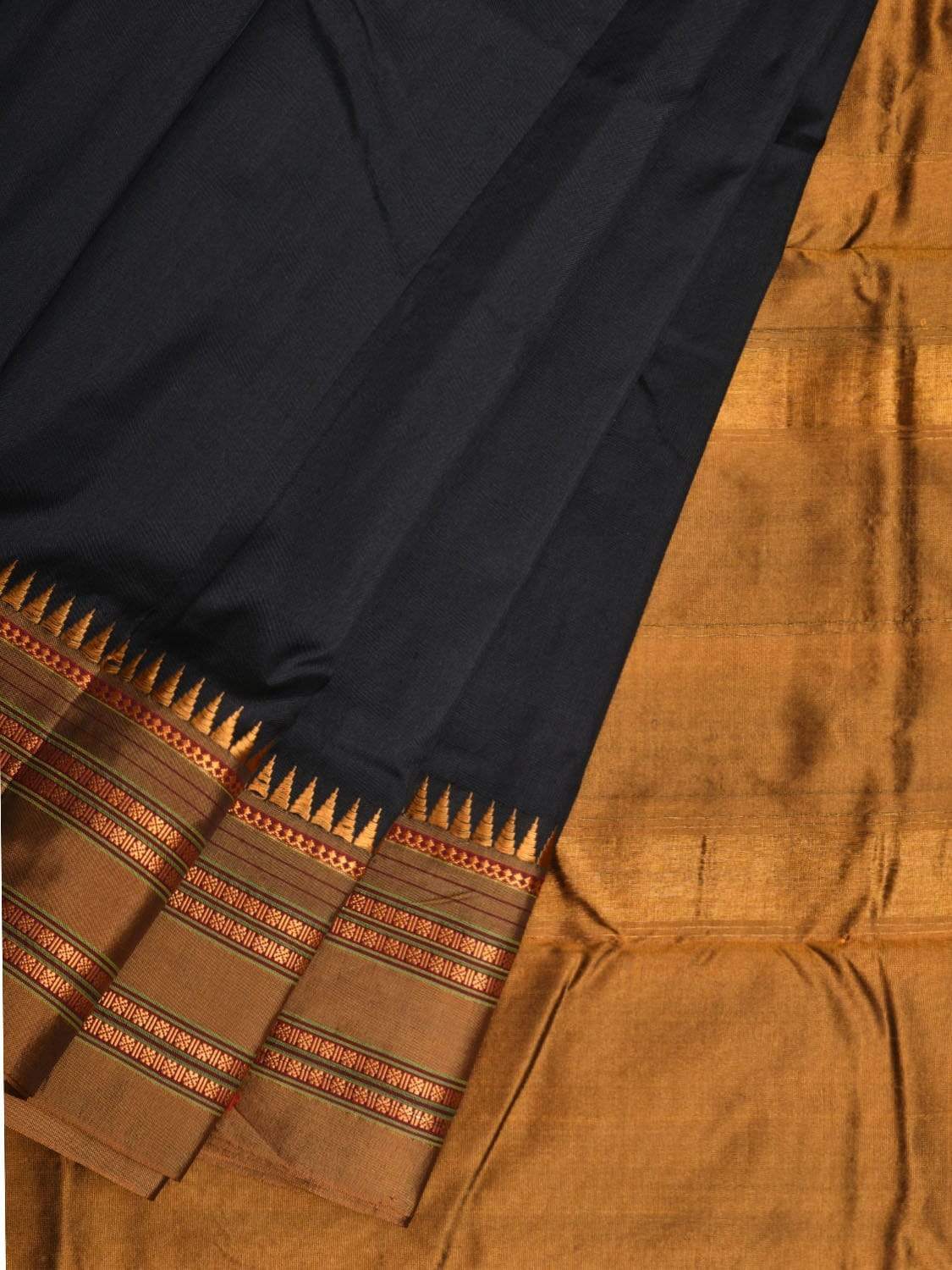 Black and Mustard Narayanpet Silk Handloom Plain Saree with Traditional Border Design No Blouse - Global Threads | Swadesiicart