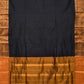 Black and Mustard Narayanpet Silk Handloom Plain Saree with Traditional Border Design No Blouse - Global Threads | Swadesiicart