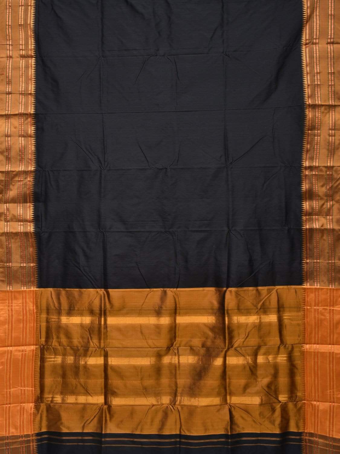 Black and Mustard Narayanpet Silk Handloom Plain Saree with Traditional Border Design No Blouse - Global Threads | Swadesiicart