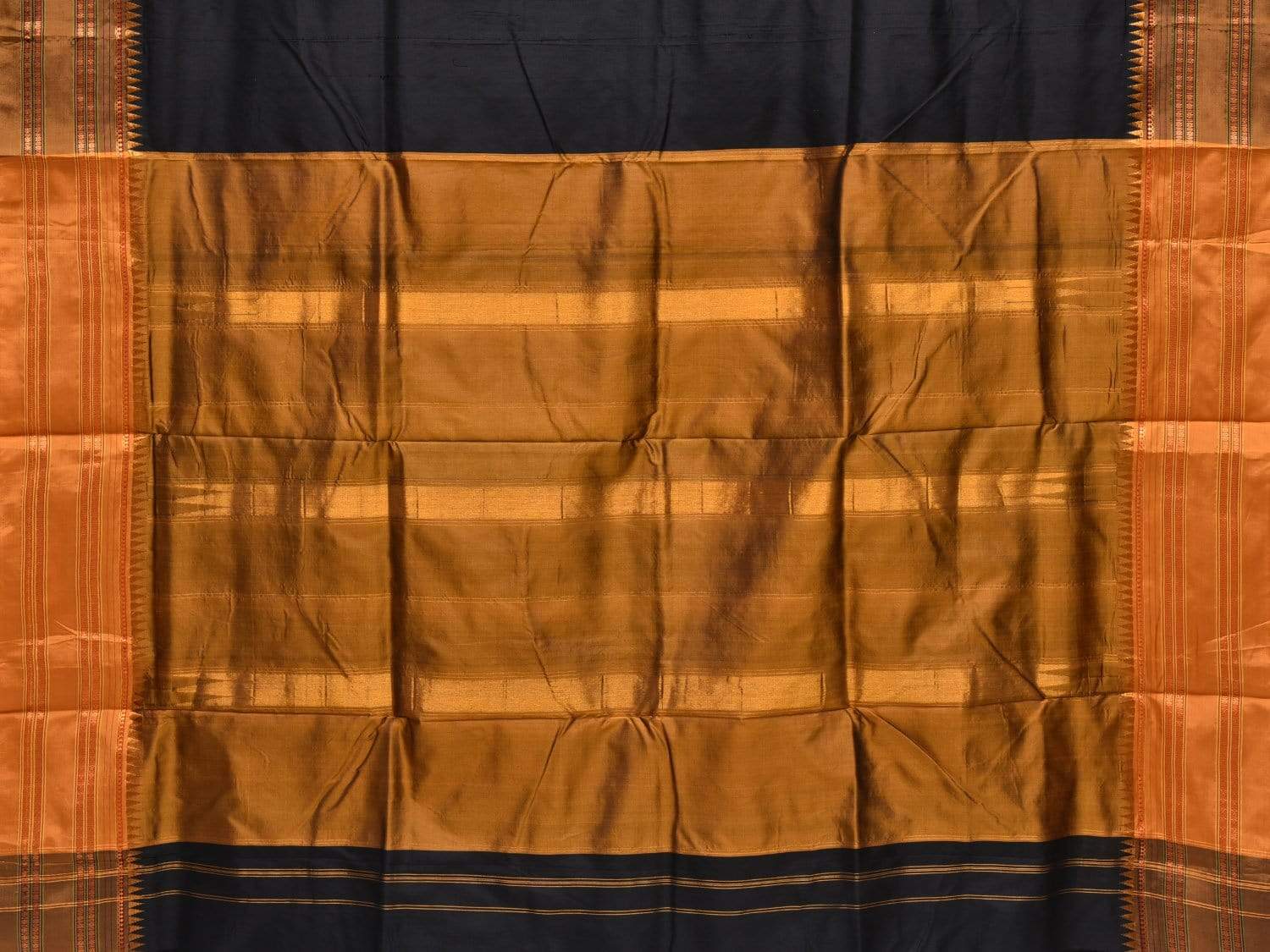 Black and Mustard Narayanpet Silk Handloom Plain Saree with Traditional Border Design No Blouse - Global Threads | Swadesiicart