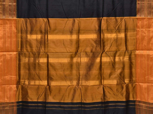 Black and Mustard Narayanpet Silk Handloom Plain Saree with Traditional Border Design No Blouse - Global Threads | Swadesiicart