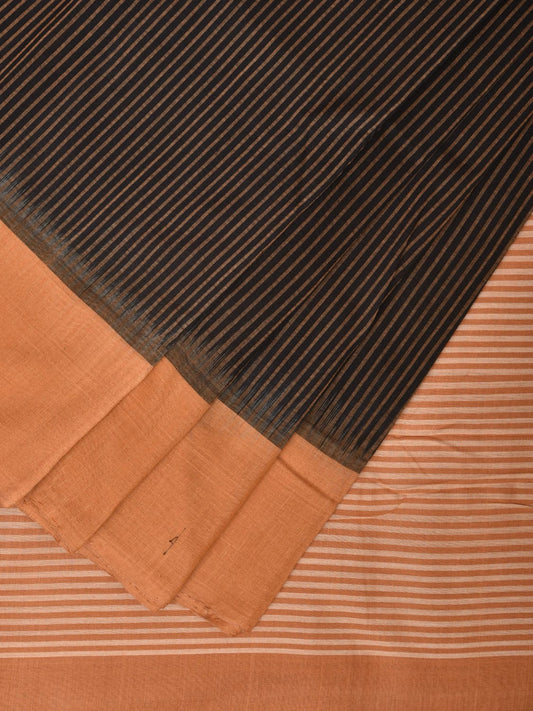 Black and Mustard Pochampally Ikat Handloom Saree with Strips Design - Global Threads | Swadesiicart