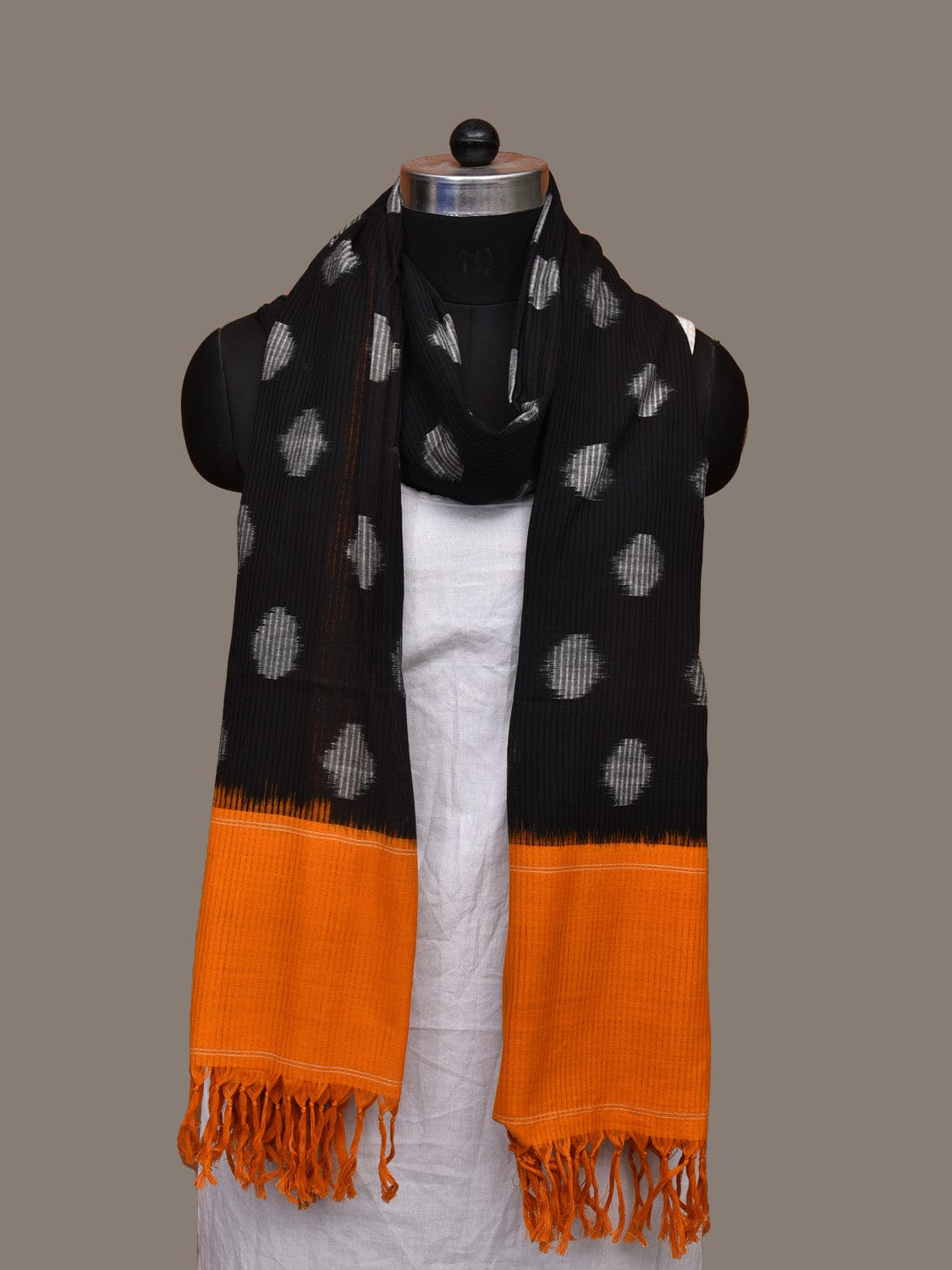 Black and Orange Pochampally Ikat Cotton Handloom Dupatta with Polka Dots Design - Global Threads | Swadesiicart