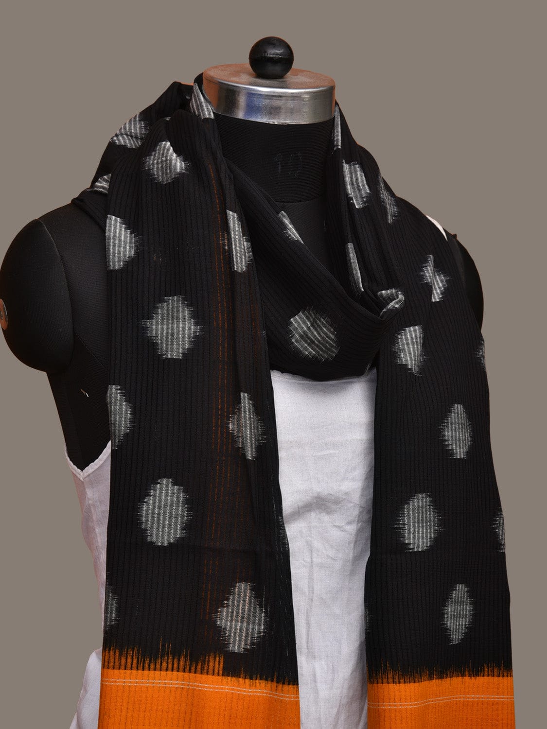 Black and Orange Pochampally Ikat Cotton Handloom Dupatta with Polka Dots Design - Global Threads | Swadesiicart