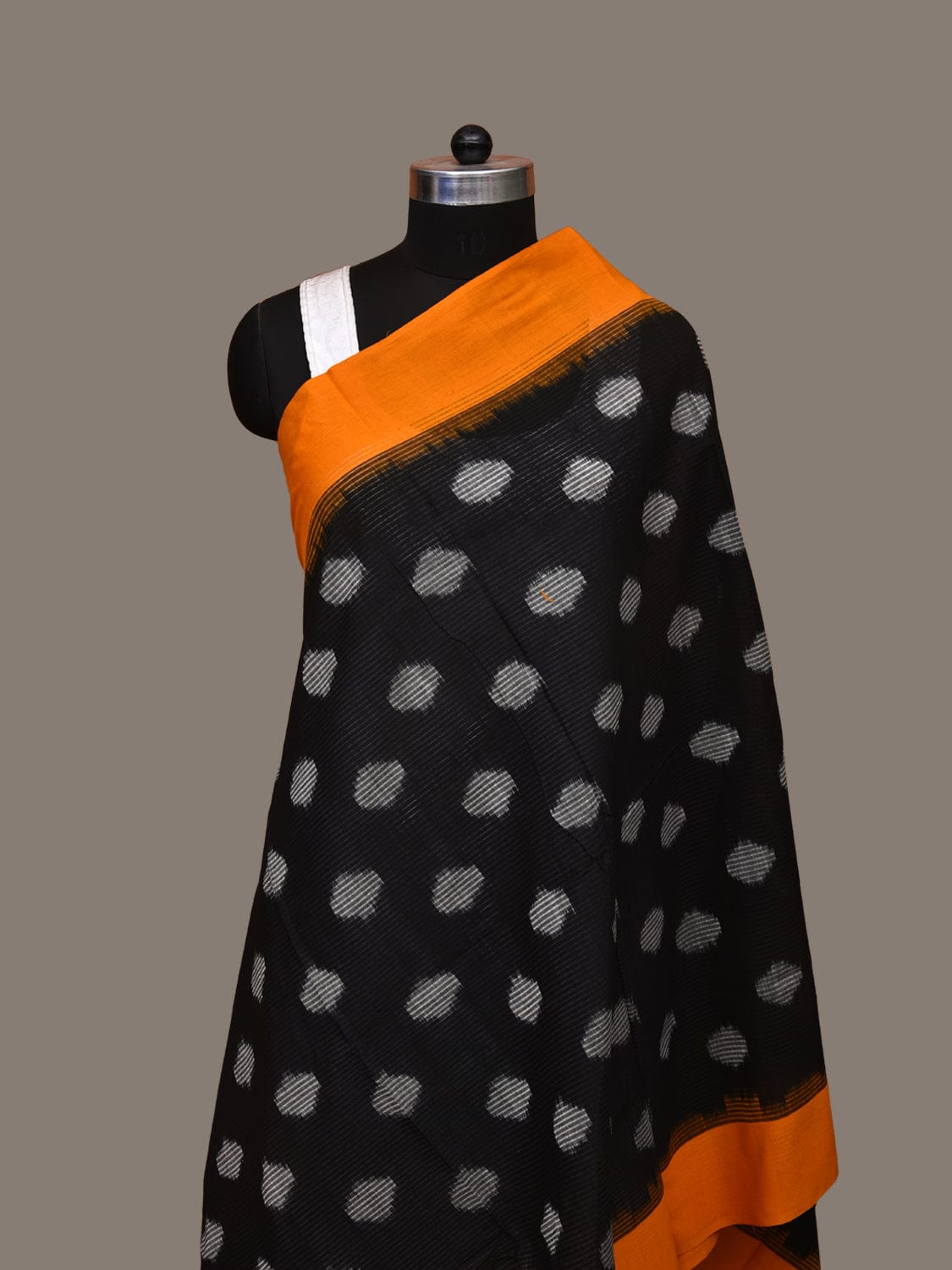 Black and Orange Pochampally Ikat Cotton Handloom Dupatta with Polka Dots Design - Global Threads | Swadesiicart