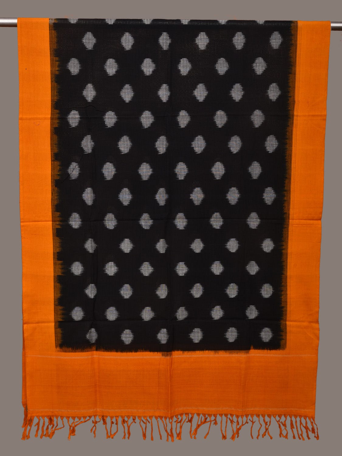 Black and Orange Pochampally Ikat Cotton Handloom Dupatta with Polka Dots Design - Global Threads | Swadesiicart