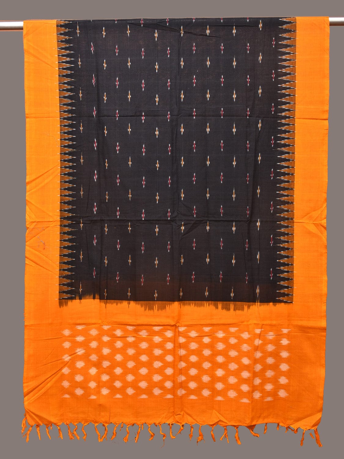 Black and Orange Pochampally Ikat Cotton Handloom Dupatta with Temple Border Design - Global Threads | Swadesiicart