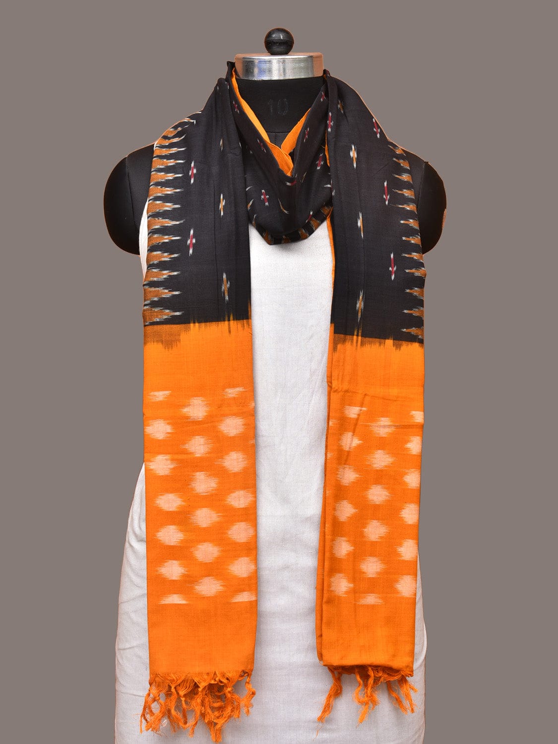 Black and Orange Pochampally Ikat Cotton Handloom Dupatta with Temple Border Design - Global Threads | Swadesiicart