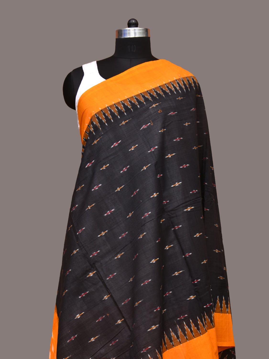Black and Orange Pochampally Ikat Cotton Handloom Dupatta with Temple Border Design - Global Threads | Swadesiicart