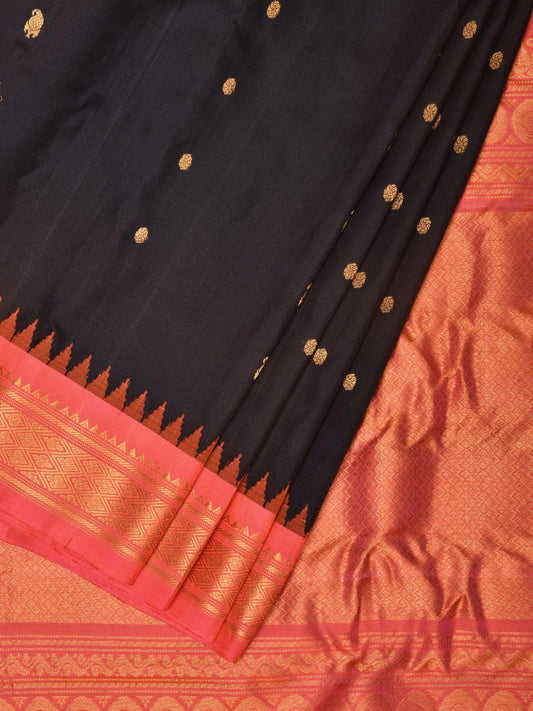 Black and Peach Gadwal Silk Handloom Saree with Mango Pallu and Border Design - Global Threads | Swadesiicart