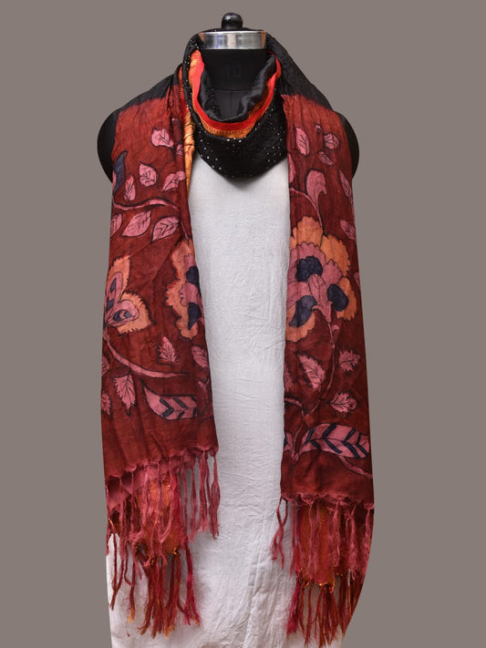 Black and Red Bandhani Kanchipuram Silk Handloom Dupatta with Kalamkari Design - Global Threads | Swadesiicart