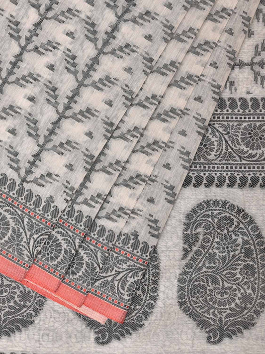 Black and White Cut Work Sico Cotton Saree with All Over and Border Design - Global Threads | Swadesiicart
