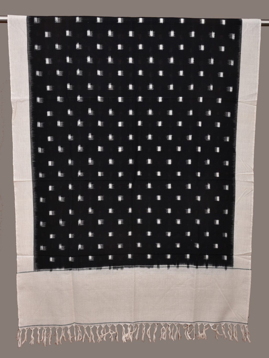 Black and White Pochampally Ikat Cotton Handloom Dupatta with Dots Design - Global Threads | Swadesiicart