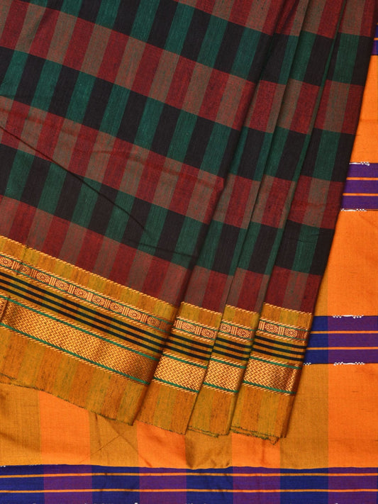 Black and Yellow ilkal Cotton Saree with Checks Design No Blouse - Global Threads | Swadesiicart