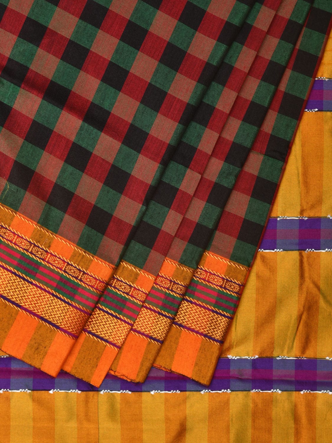Black and Yellow ilkal Cotton Saree with Checks Design No Blouse - Global Threads | Swadesiicart