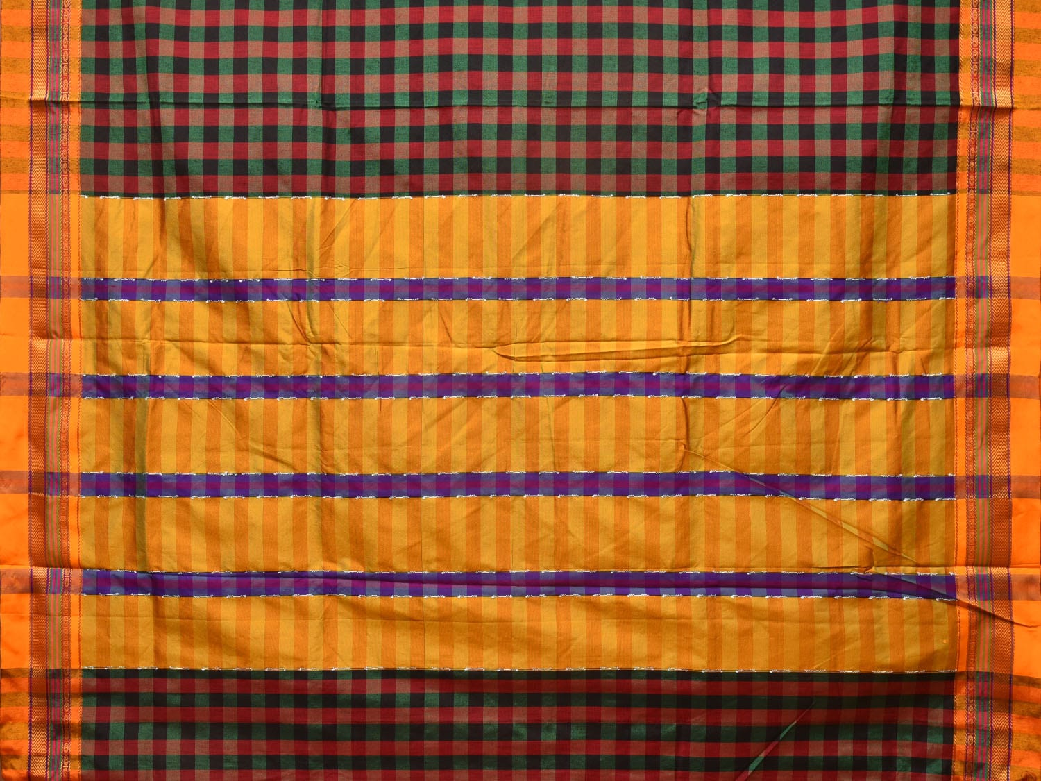 Black and Yellow ilkal Cotton Saree with Checks Design No Blouse - Global Threads | Swadesiicart